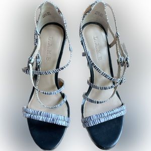 L.A.M.B. Three Strap Black and White Heels